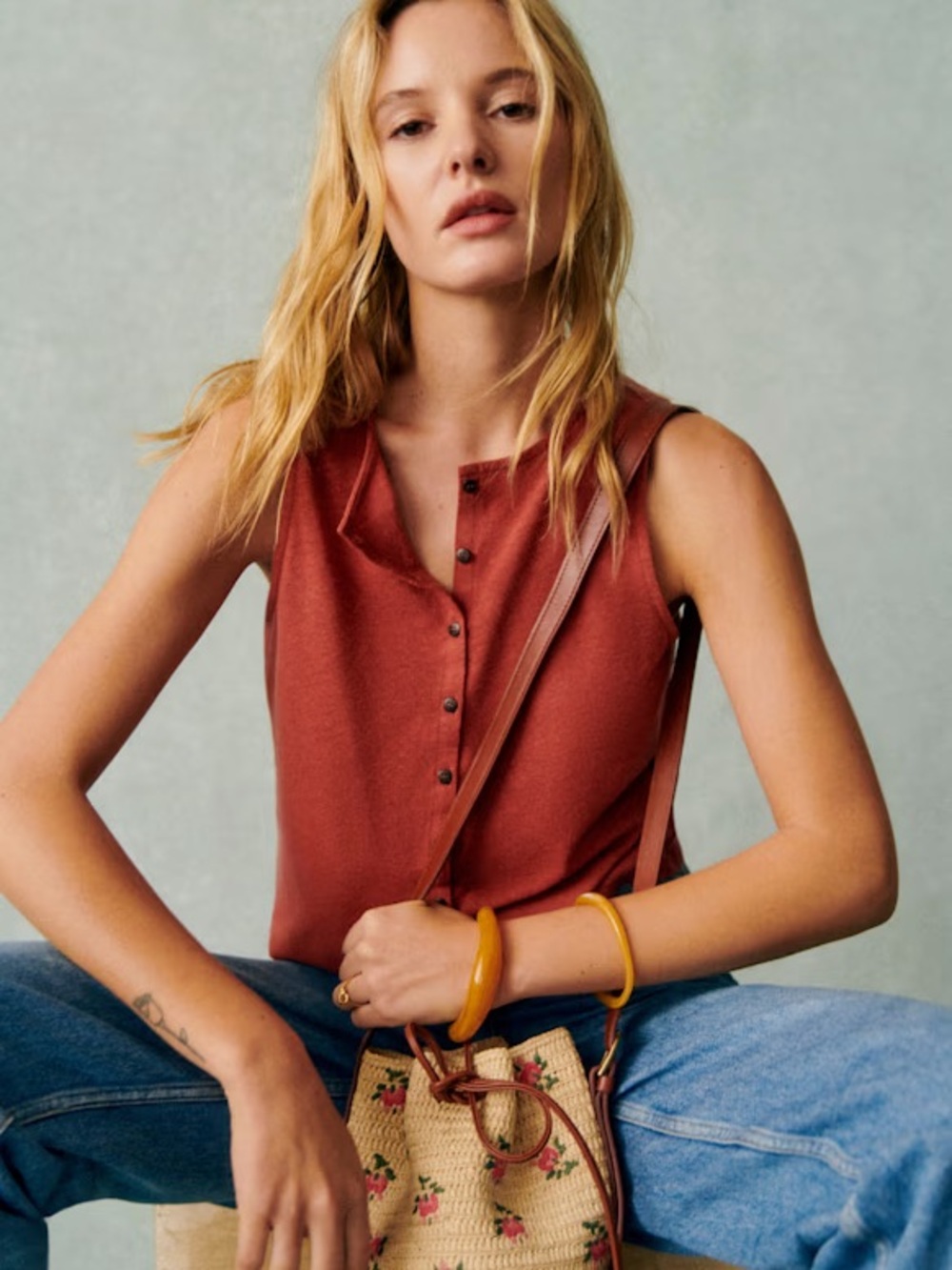 Sezane Loriane Sleeveless Button front linen Top in Rust terracotta sienna